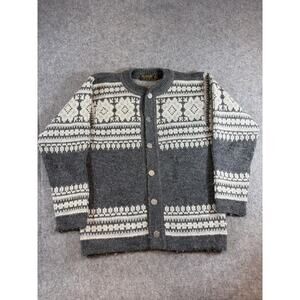 Vintage 80s Nordstrikk Cardigan Mens M Gray Virgin Wool Fair Isle Nordic Knit